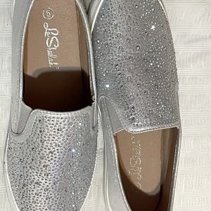 silver with diamonds slip ons